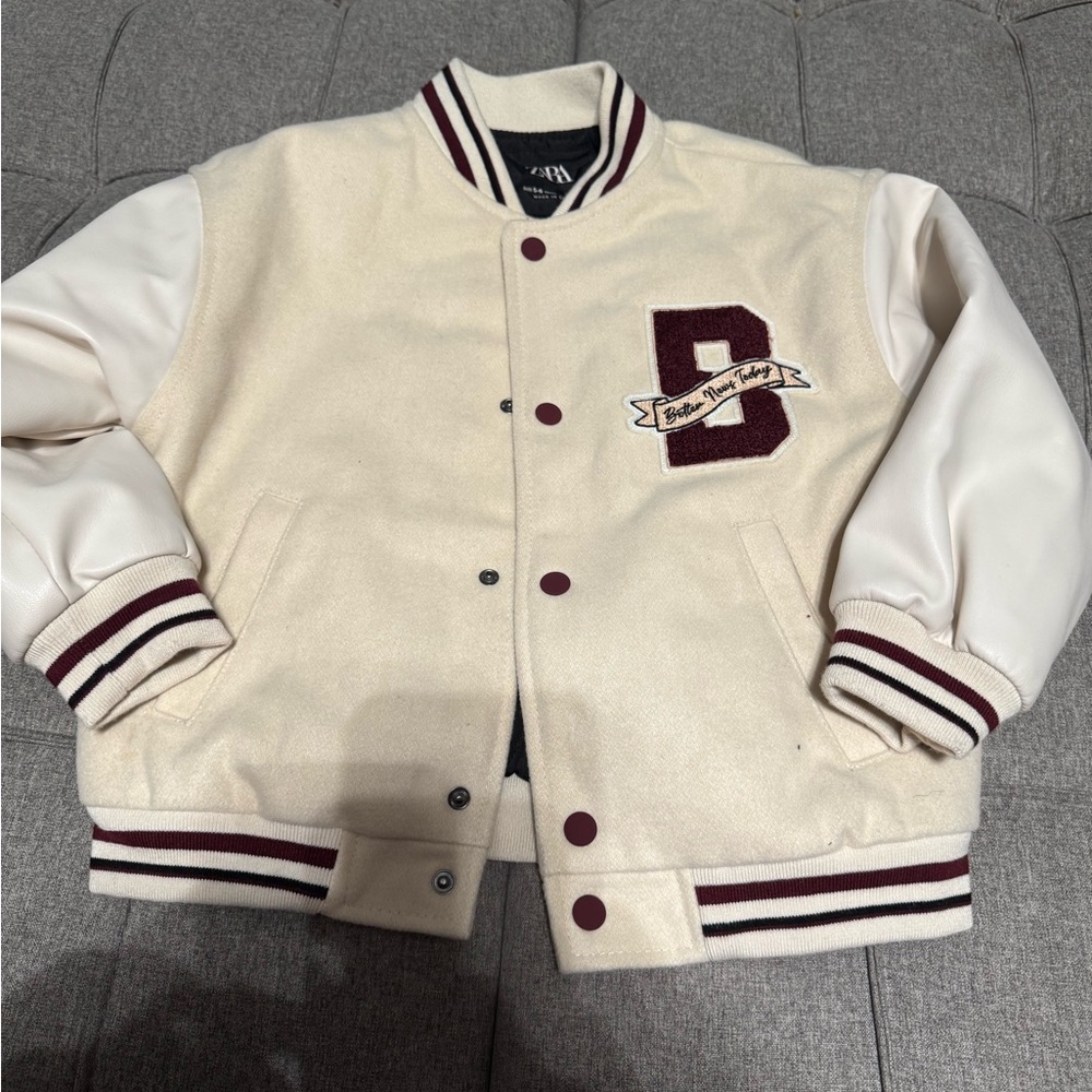 Zara Kids Cream Varsity Jacket with Maroon Accents